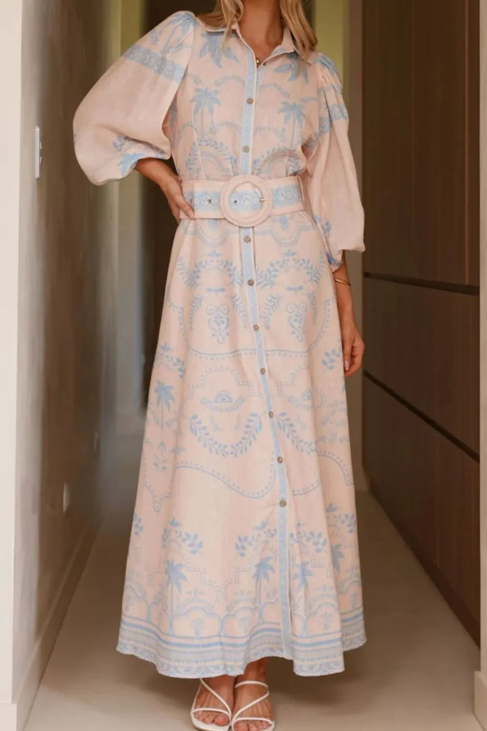 Printed Balloon Sleeve Maxi Shirt Dress