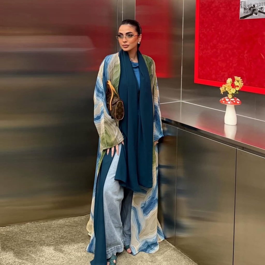 Fluid Topographic Print Open Abaya & Matching Hijab Set(MOA331)