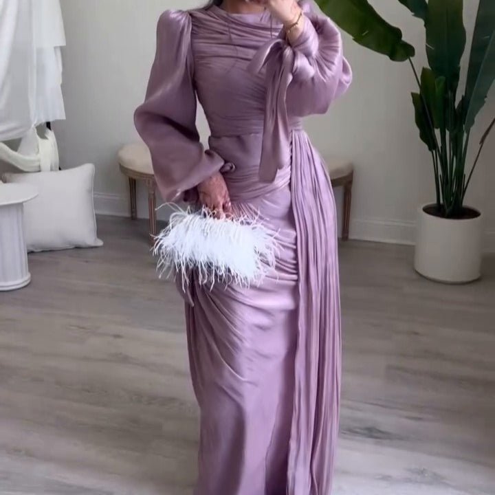 Ruched Evening Dress | Puff Sleeve Bodycon Maxi Dress(MS280)
