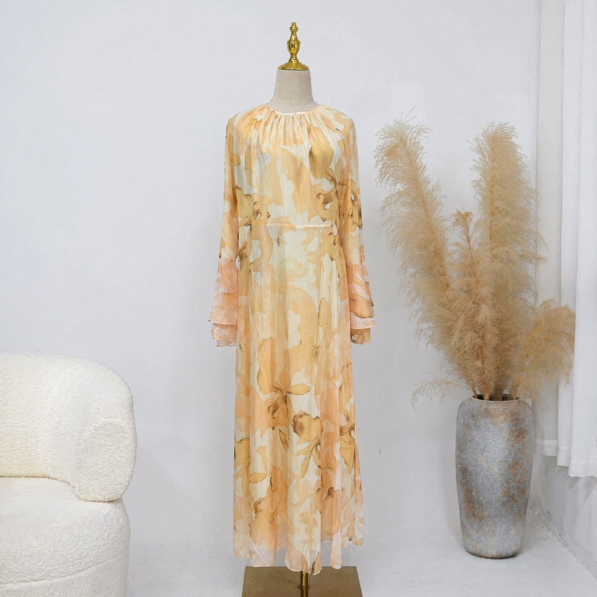 Watercolour Print Double-Layer Flared-Sleeve Maxi Dress (MS479)