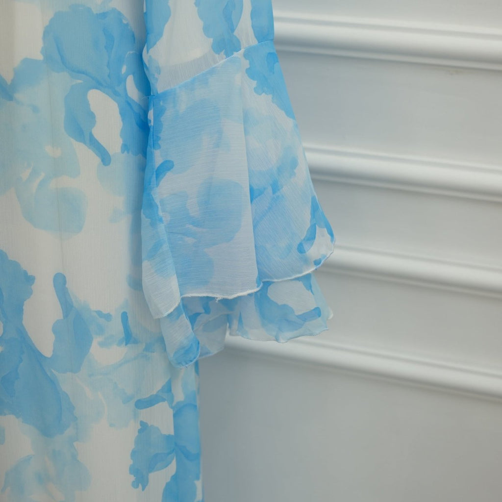 Watercolour Print Double-Layer Flared-Sleeve Maxi Dress (MS479)
