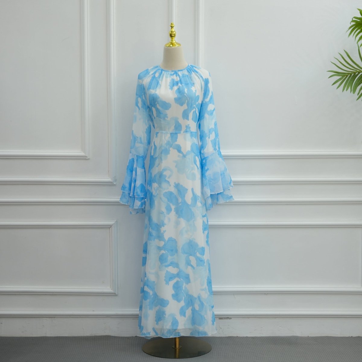 Watercolour Print Double-Layer Flared-Sleeve Maxi Dress (MS479)