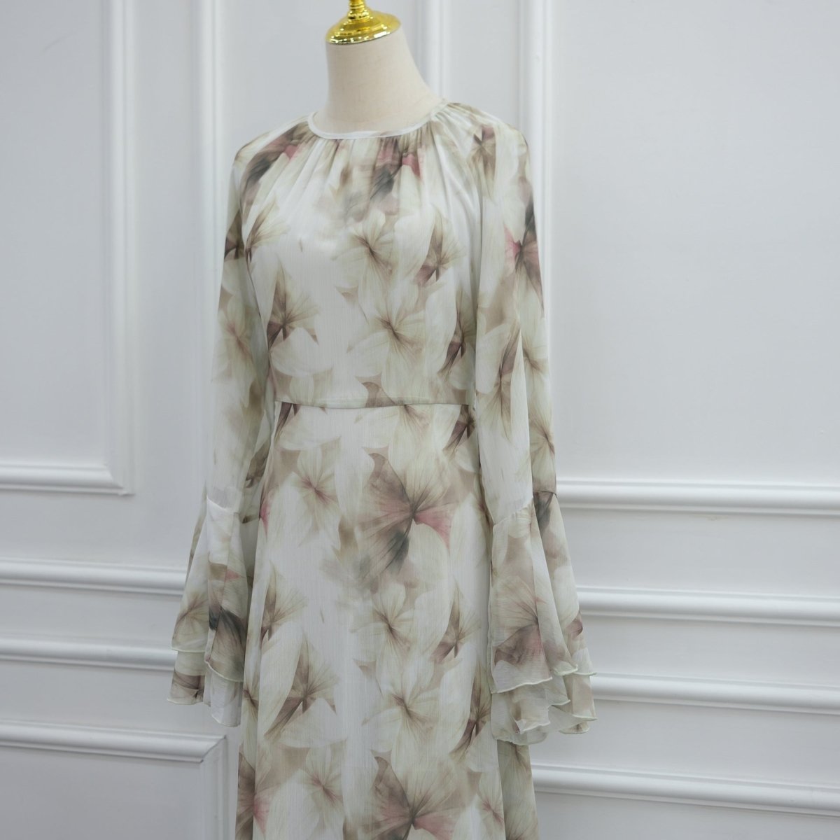 Watercolour Print Double-Layer Flared-Sleeve Maxi Dress (MS479)