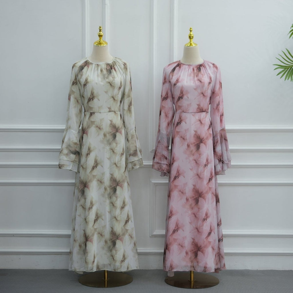 Watercolour Print Double-Layer Flared-Sleeve Maxi Dress (MS479)