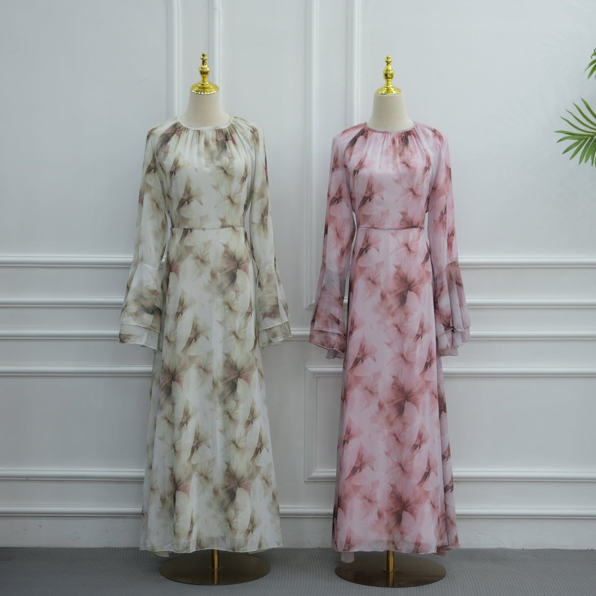 Watercolour Print Double-Layer Flared-Sleeve Maxi Dress (MS479)