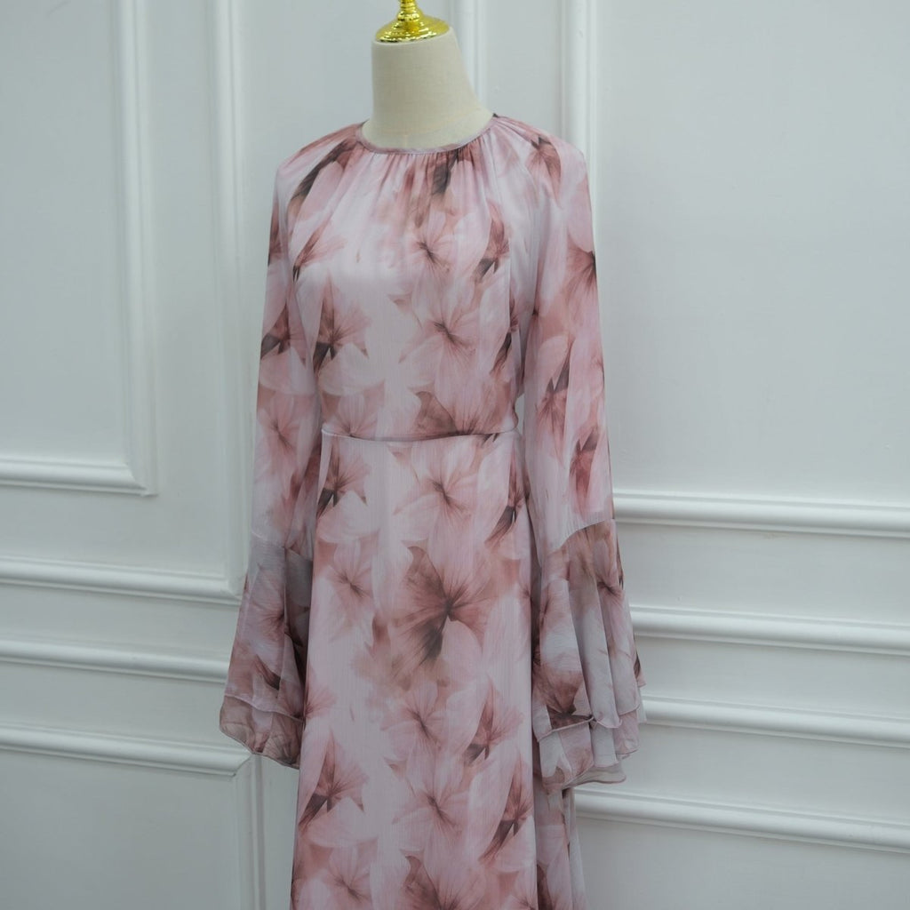 Watercolour Print Double-Layer Flared-Sleeve Maxi Dress (MS479)