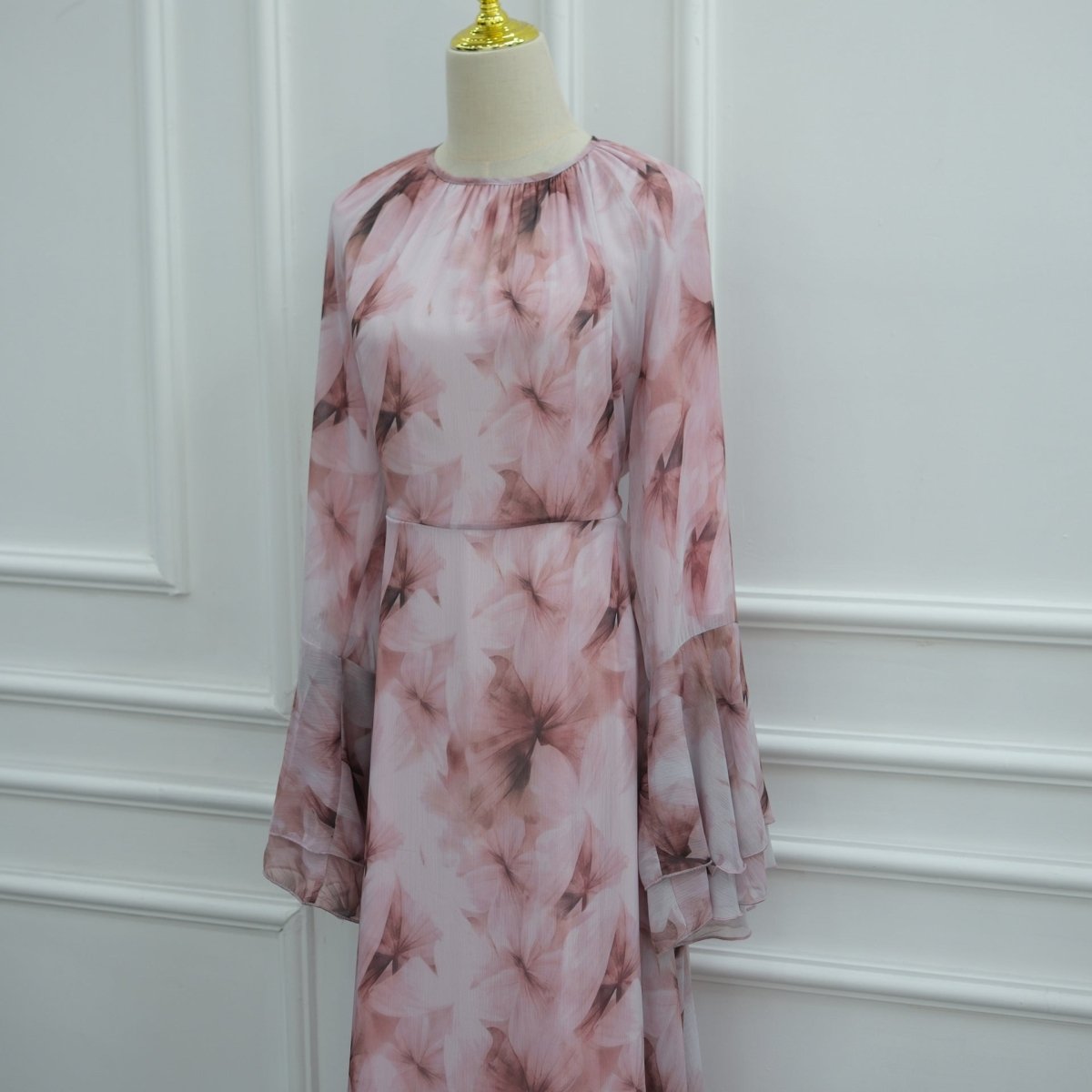 Watercolour Print Double-Layer Flared-Sleeve Maxi Dress (MS479)