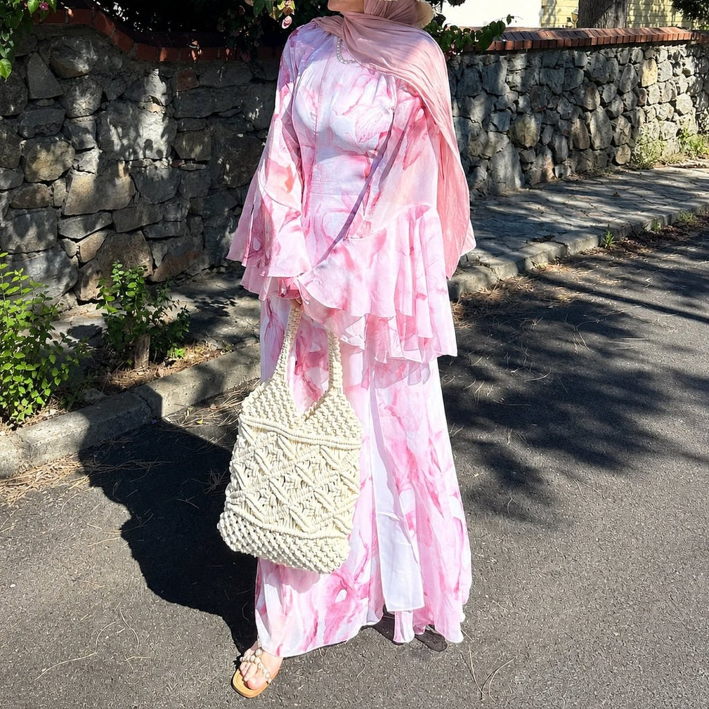 Watercolour Print Double-Layer Flared-Sleeve Maxi Dress (MS479)