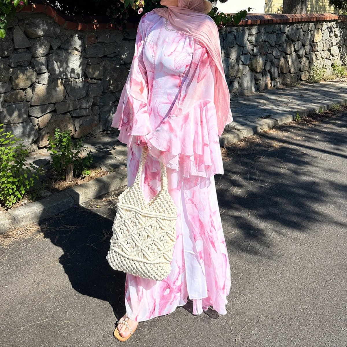 Watercolour Print Double-Layer Flared-Sleeve Maxi Dress (MS479)