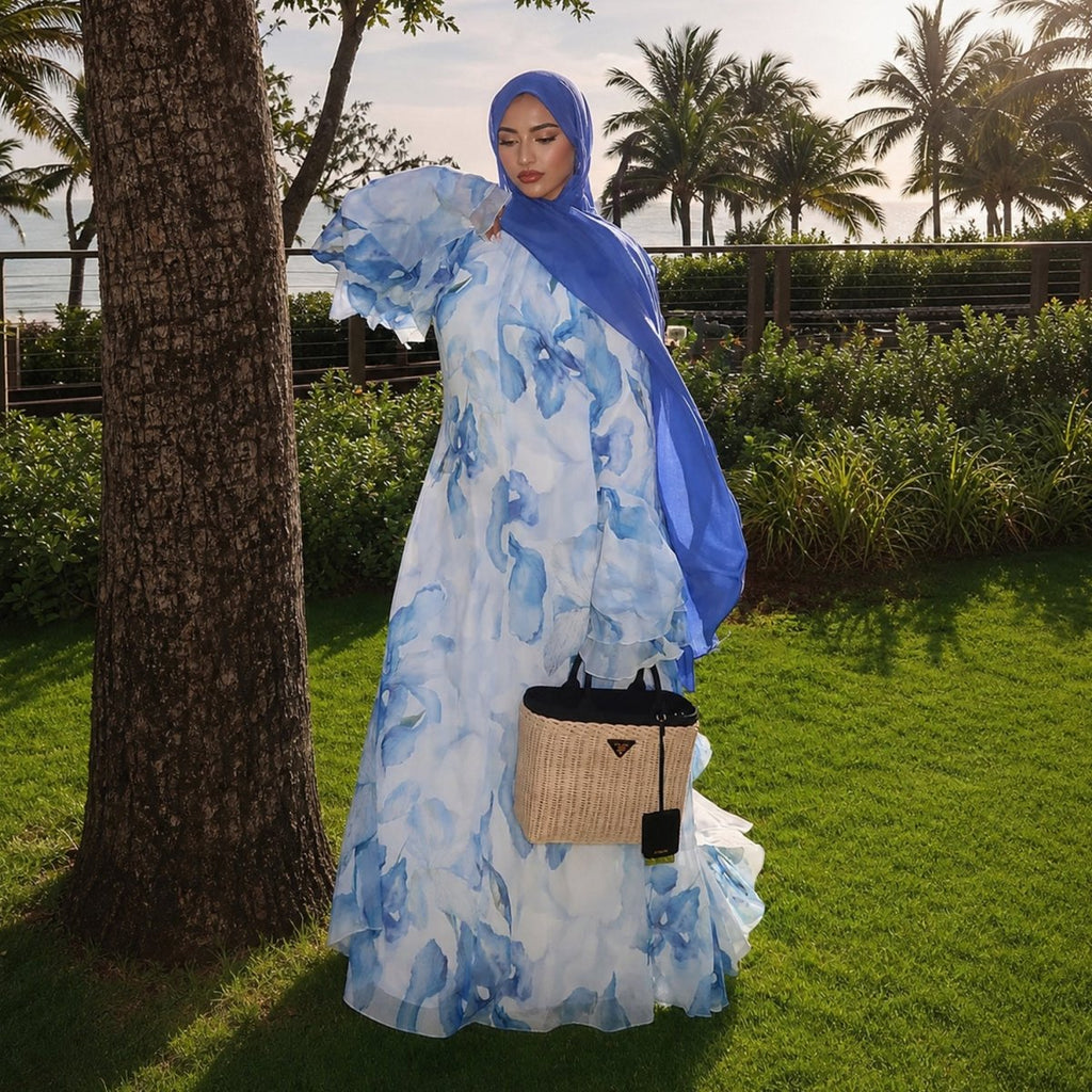 Watercolour Print Double-Layer Flared-Sleeve Maxi Dress (MS479)
