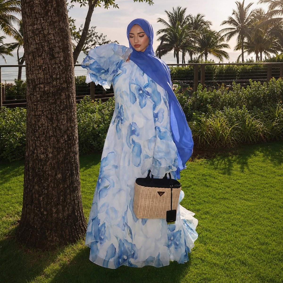 Watercolour Print Double-Layer Flared-Sleeve Maxi Dress (MS479)
