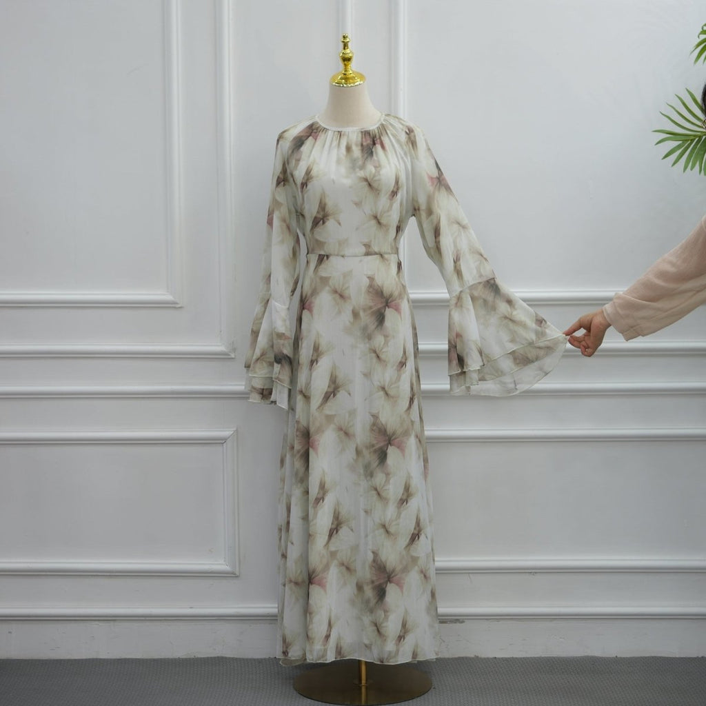 Watercolour Print Double-Layer Flared-Sleeve Maxi Dress (MS479)