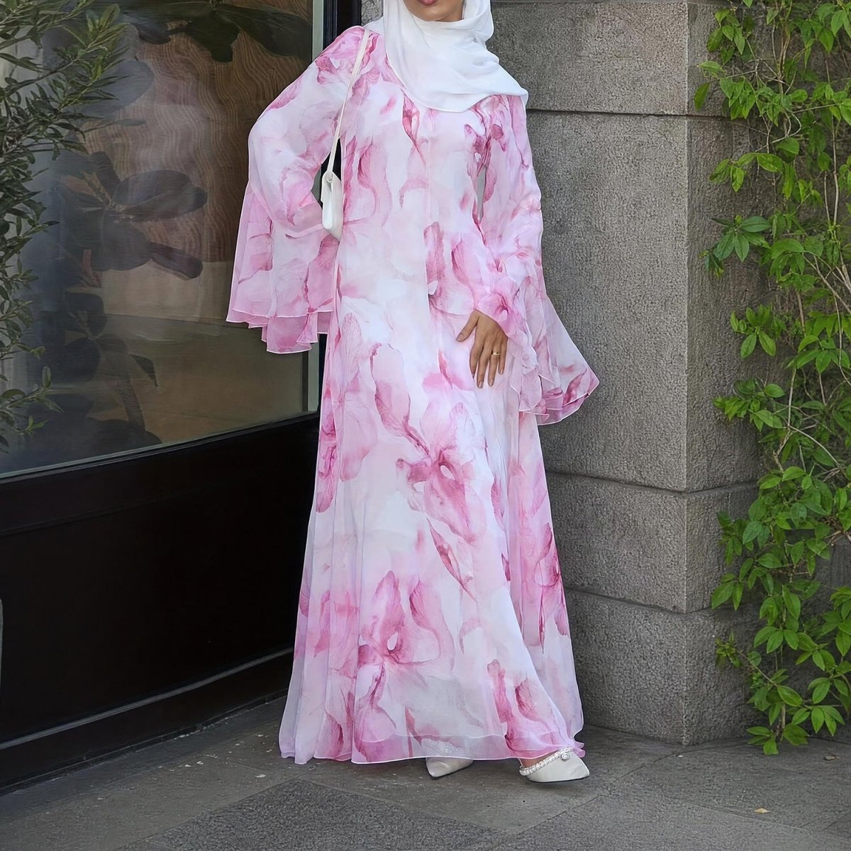 Watercolour Print Double-Layer Flared-Sleeve Maxi Dress (MS479)