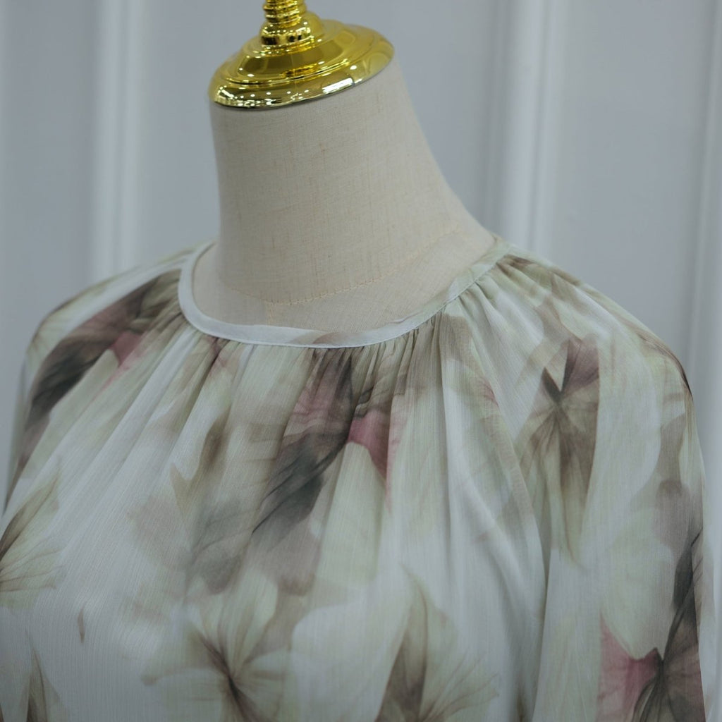 Watercolour Print Double-Layer Flared-Sleeve Maxi Dress (MS479)
