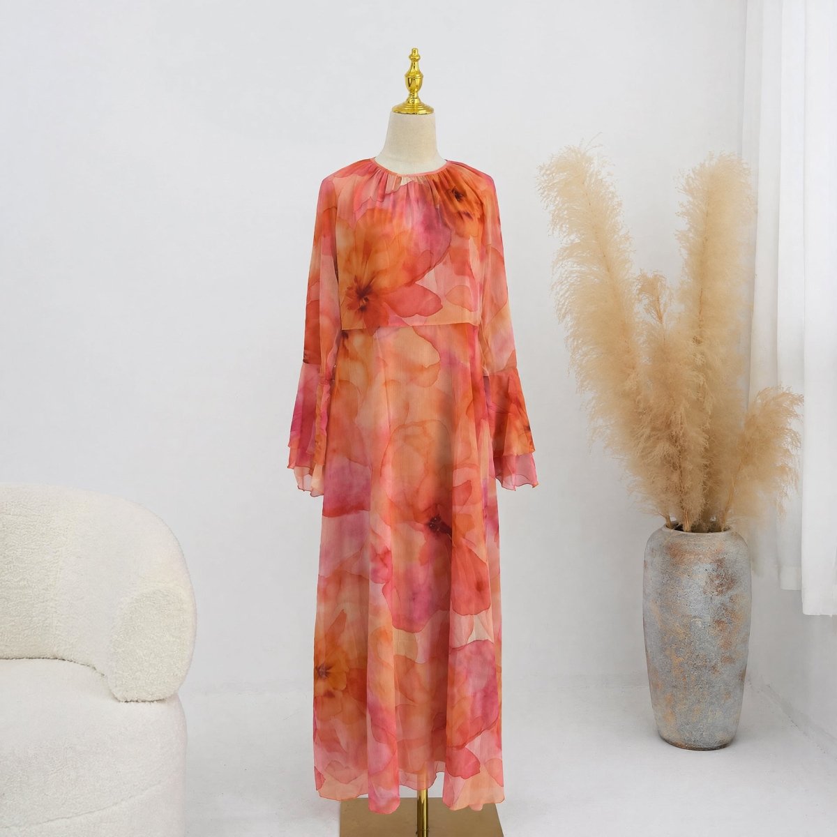 Watercolour Print Double-Layer Flared-Sleeve Maxi Dress (MS479)