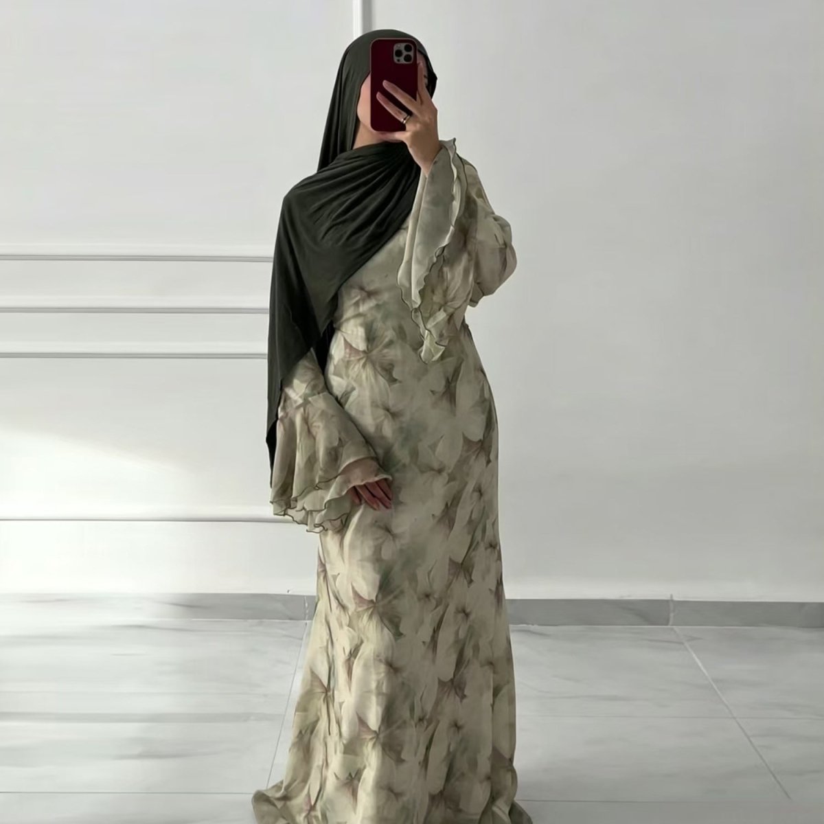 Watercolour Print Double-Layer Flared-Sleeve Maxi Dress (MS479)