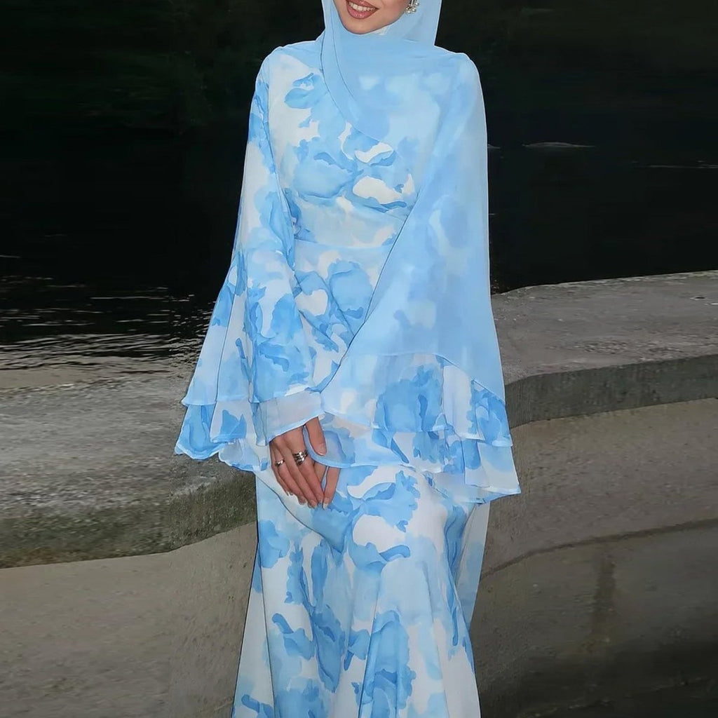 Watercolour Print Double-Layer Flared-Sleeve Maxi Dress (MS479)