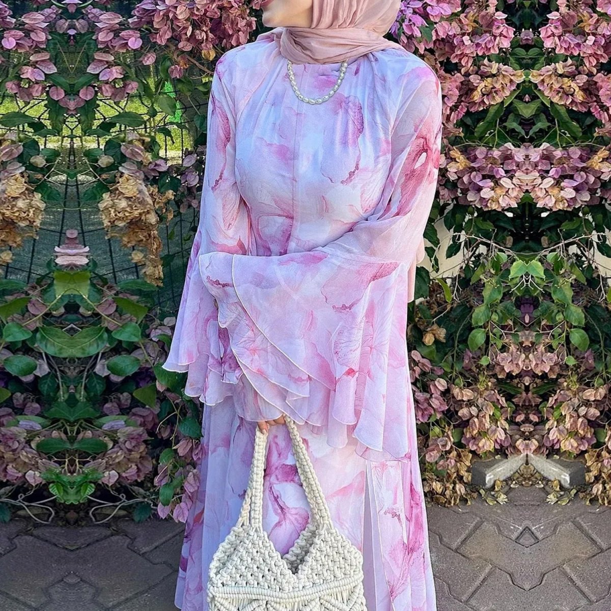 Watercolour Print Double-Layer Flared-Sleeve Maxi Dress (MS479)