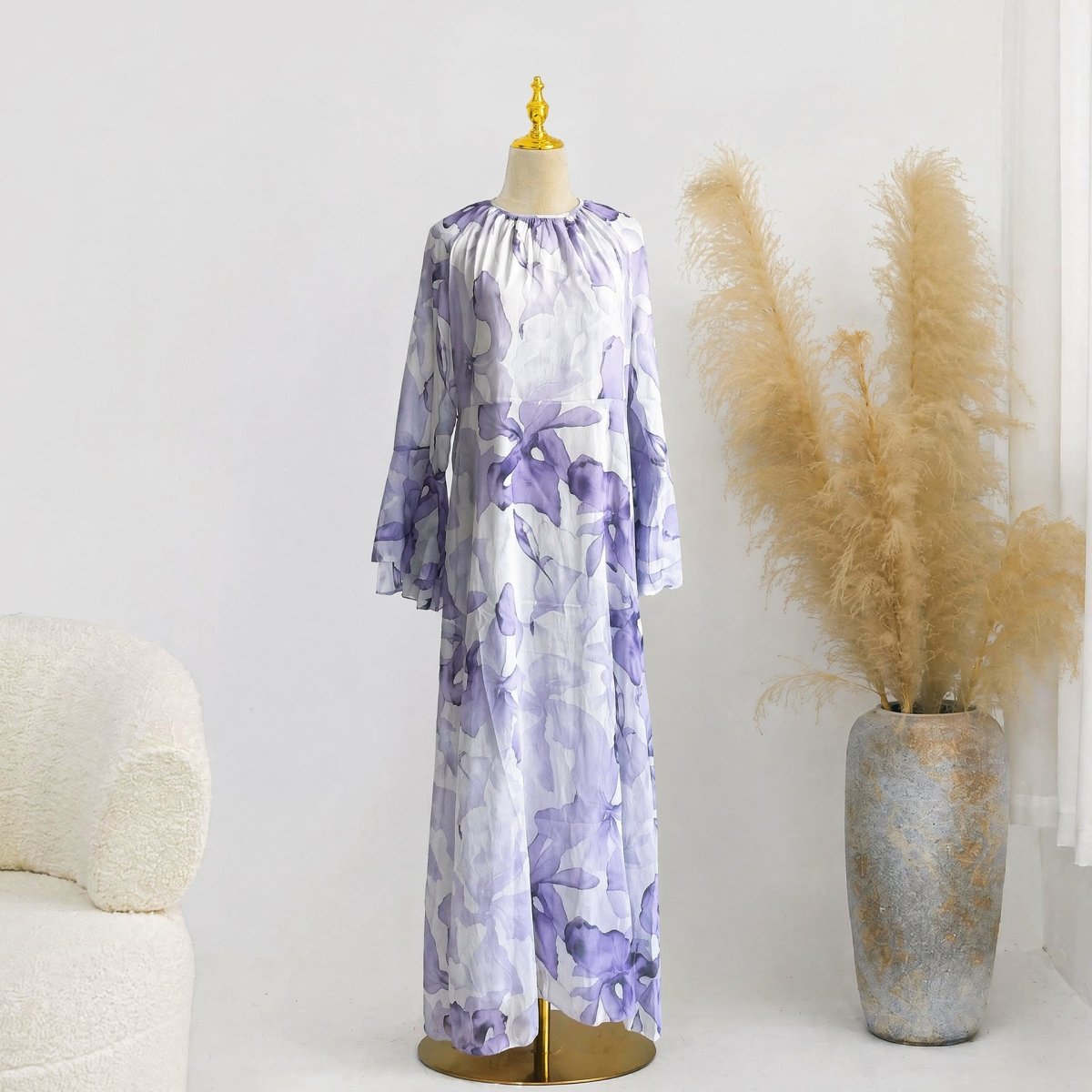 Watercolour Print Double-Layer Flared-Sleeve Maxi Dress (MS479)