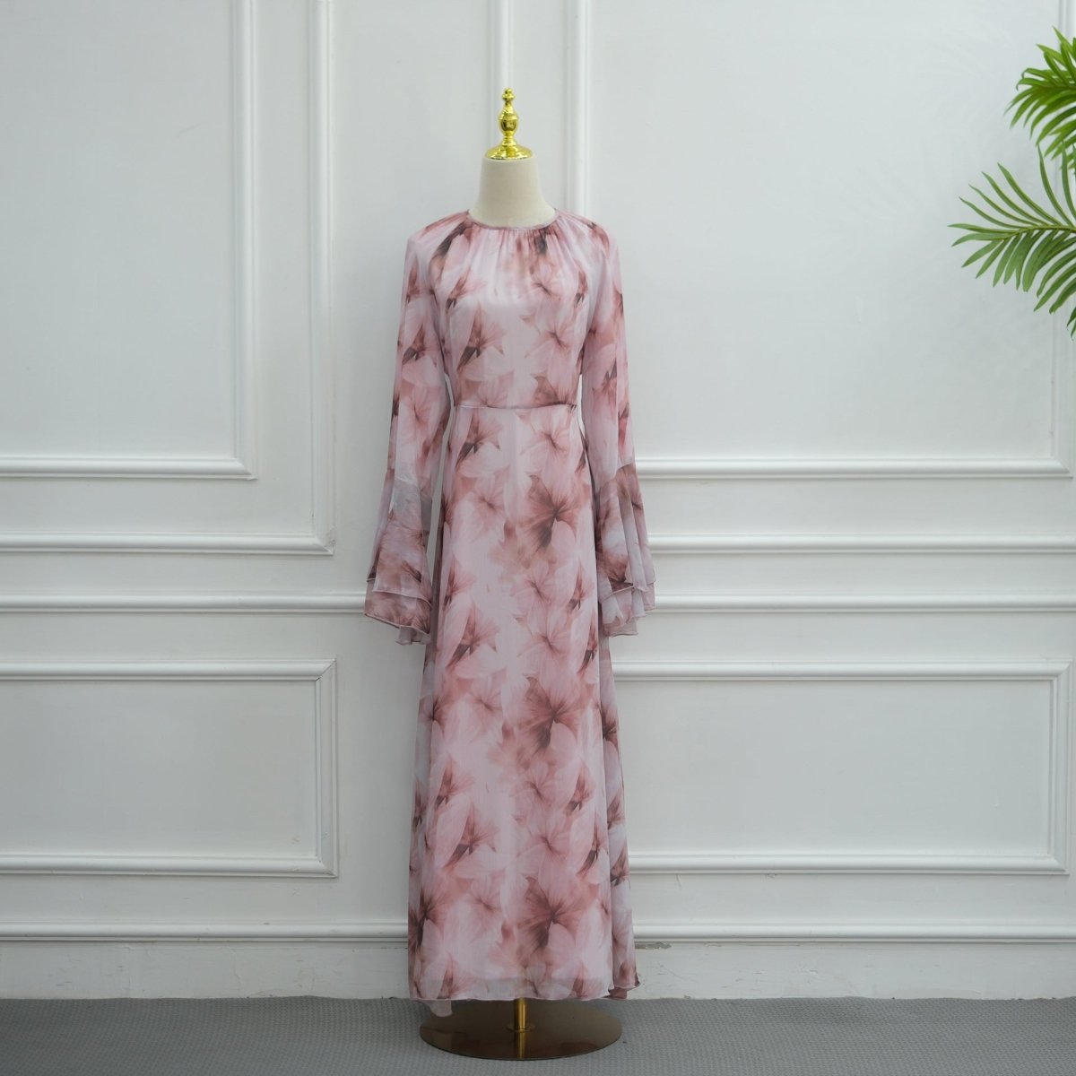 Watercolour Print Double-Layer Flared-Sleeve Maxi Dress (MS479)