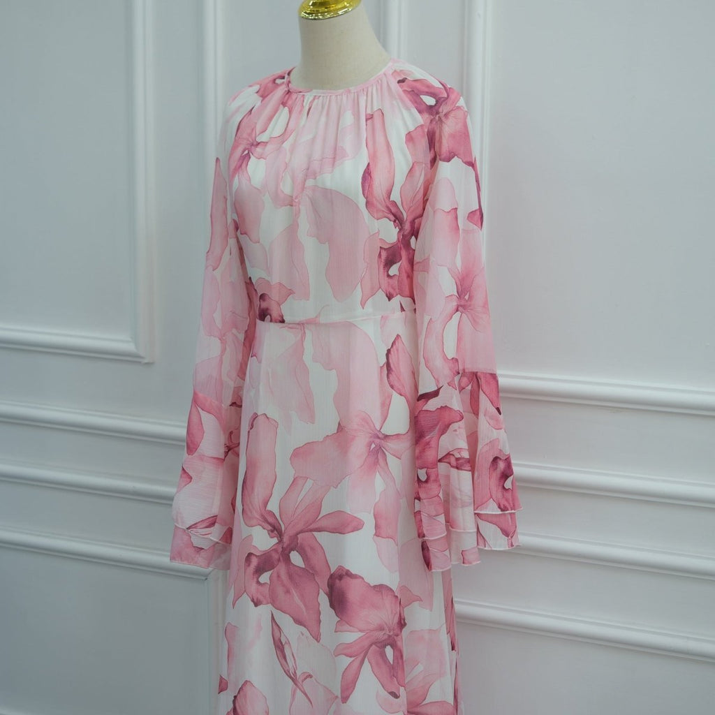 Watercolour Print Double-Layer Flared-Sleeve Maxi Dress (MS479)