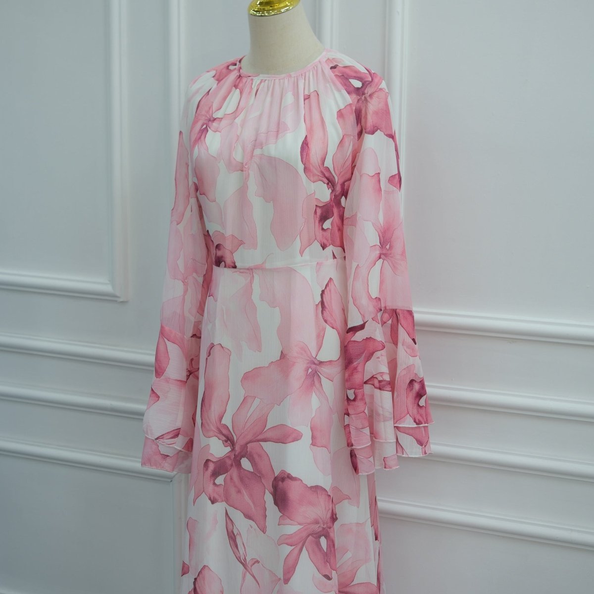 Watercolour Print Double-Layer Flared-Sleeve Maxi Dress (MS479)