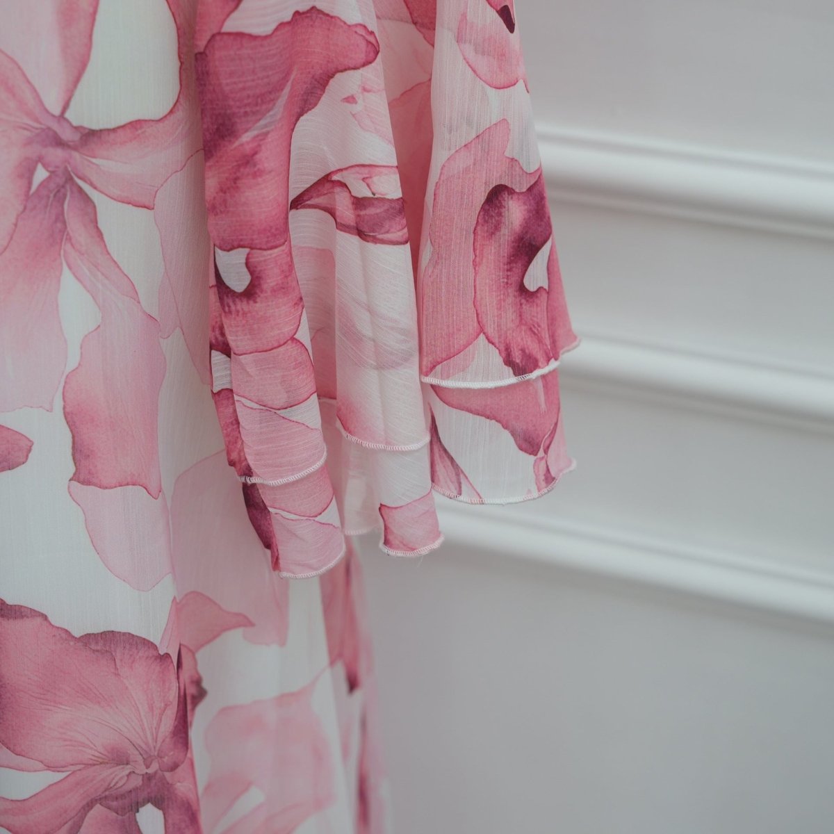 Watercolour Print Double-Layer Flared-Sleeve Maxi Dress (MS479)