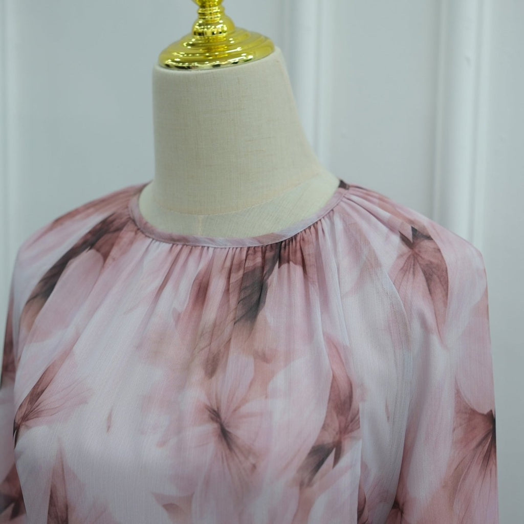 Watercolour Print Double-Layer Flared-Sleeve Maxi Dress (MS479)