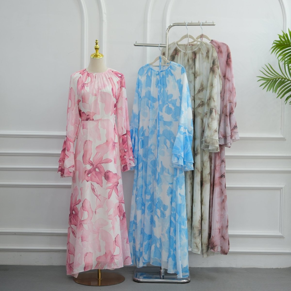 Watercolour Print Double-Layer Flared-Sleeve Maxi Dress (MS479)