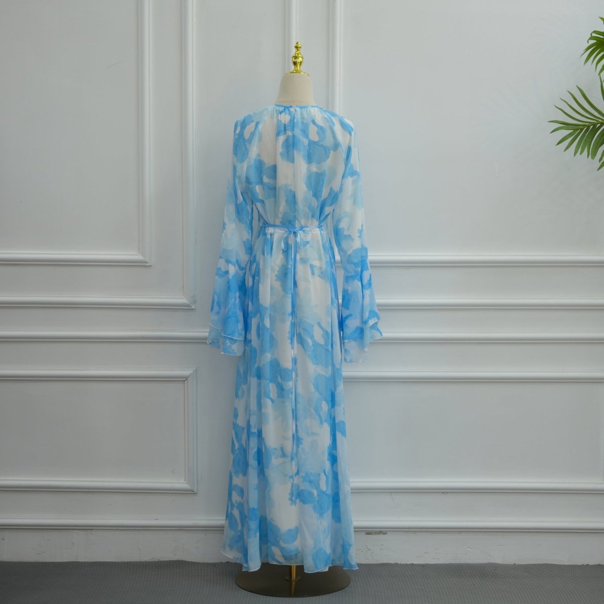 Watercolour Print Double-Layer Flared-Sleeve Maxi Dress (MS479)
