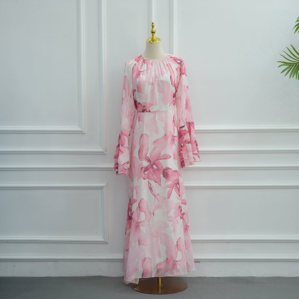 Watercolour Print Double-Layer Flared-Sleeve Maxi Dress (MS479)