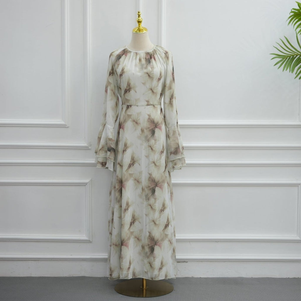 Watercolour Print Double-Layer Flared-Sleeve Maxi Dress (MS479)