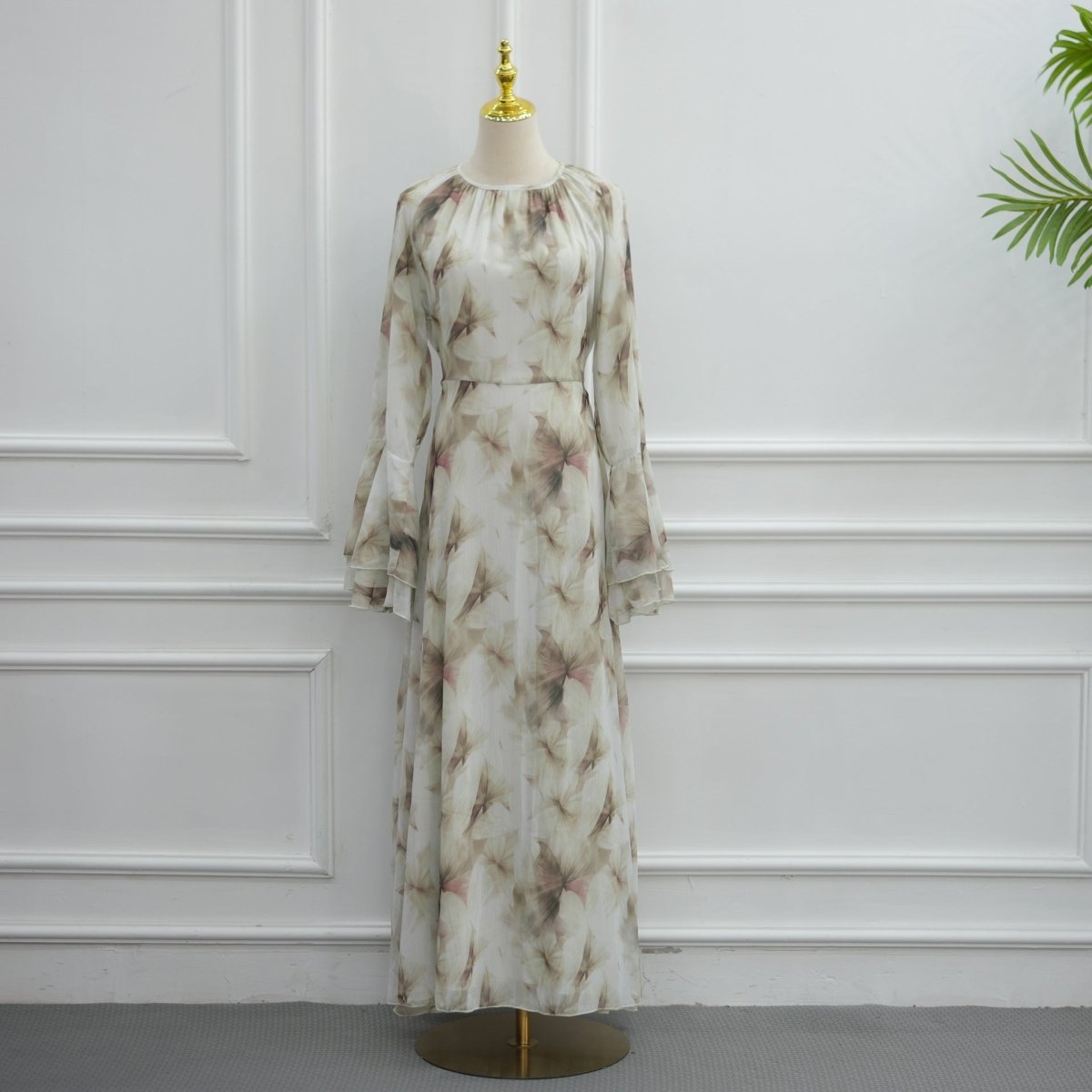 Watercolour Print Double-Layer Flared-Sleeve Maxi Dress (MS479)