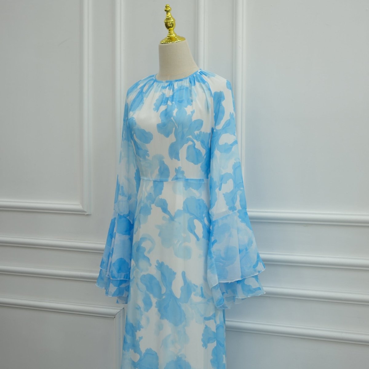 Watercolour Print Double-Layer Flared-Sleeve Maxi Dress (MS479)