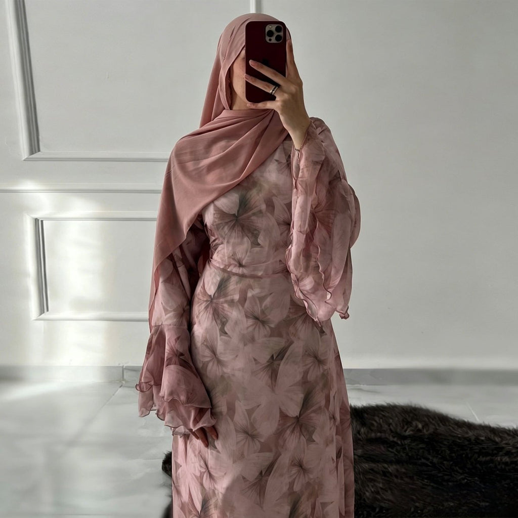 Watercolour Print Double-Layer Flared-Sleeve Maxi Dress (MS479)