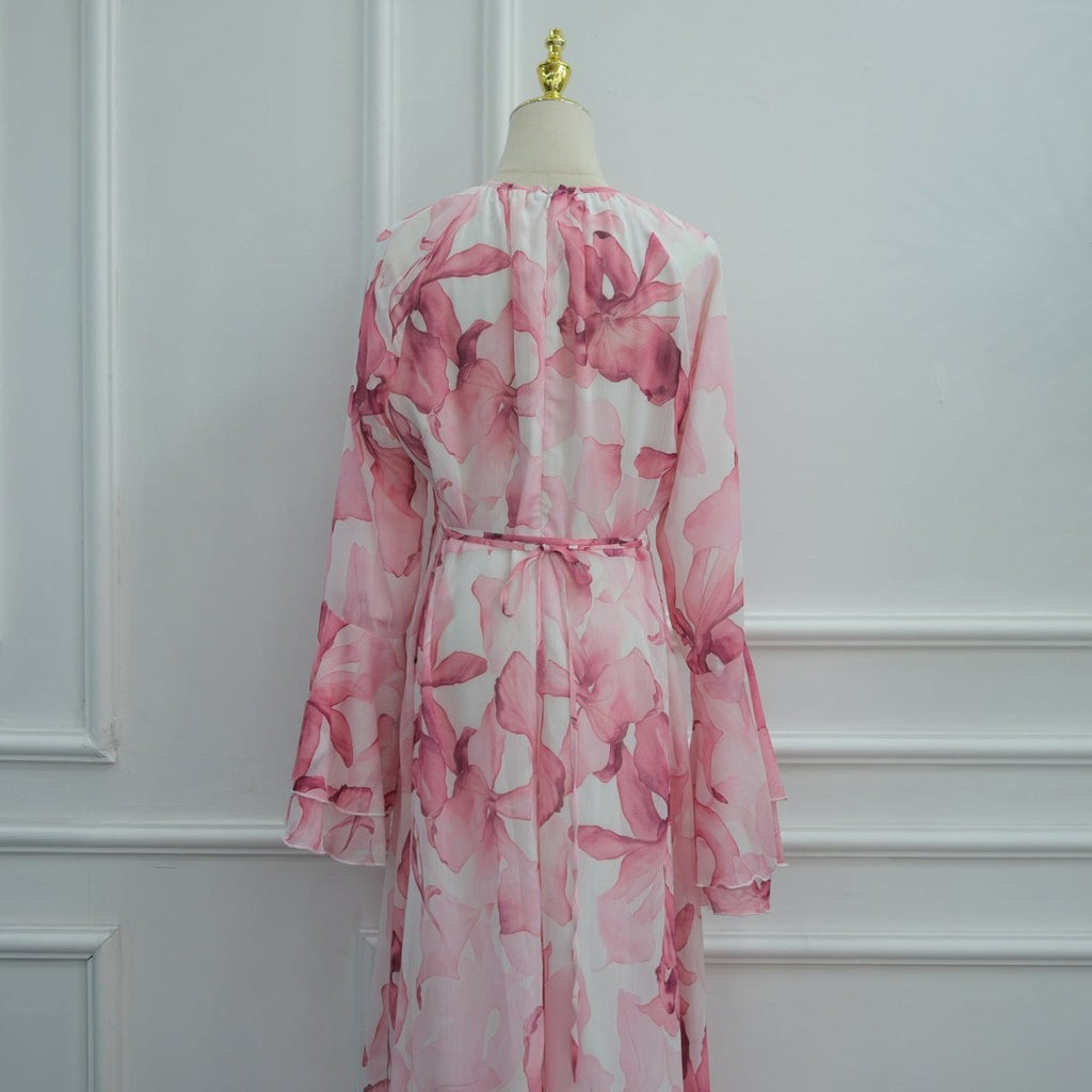 Watercolour Print Double-Layer Flared-Sleeve Maxi Dress (MS479)