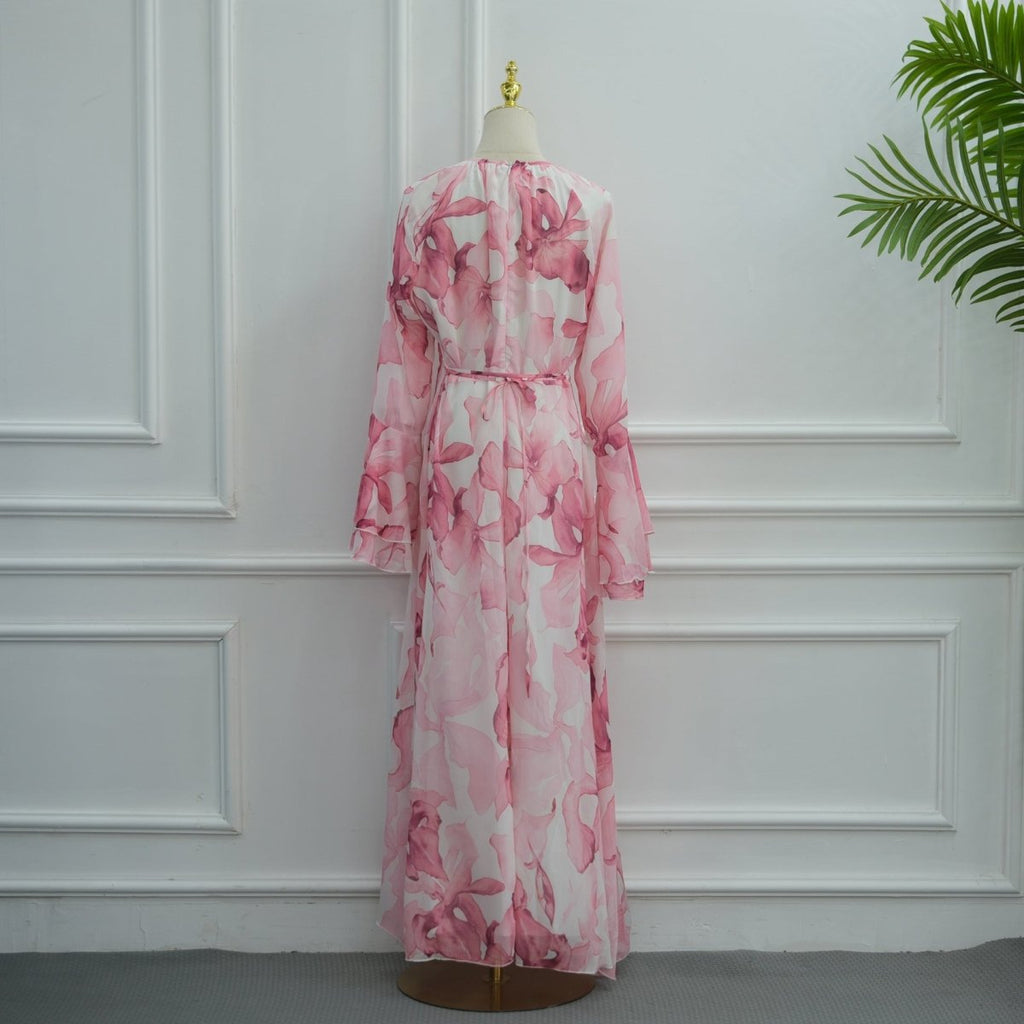 Watercolour Print Double-Layer Flared-Sleeve Maxi Dress (MS479)